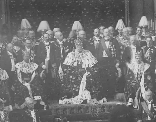King Oscar II of Sweden, Crown Prince Gustaf (V), and Prince Gustaf (VI) Adolf wearing their crowns and coronets, c. 1900