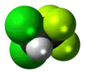 Space-filling model of the 2,2-dichloro-1,1,1-trifluoroethane molecule