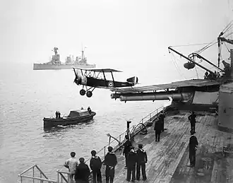 Image 17A Sopwith 1½ Strutter aircraft taking off from a temporary flight deck on the first HMAS Australia, a battle cruiser, in 1918. (from History of the Royal Australian Navy)