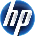 A stylized glossy blue circle with the stylized italic letters "hp" on it