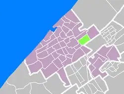 Bezuidenhout (green) is the southernmost of the four Haagse Hout district in The Hague (violet)