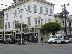 A color photo of a building with 'Haight' and 'Ashbury' signs on opposite sides of its corner