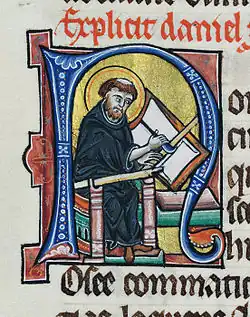 Illustration from bible of a man setting up a page