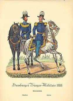 A drawing of two soldiers in blue uniforms on horseback.