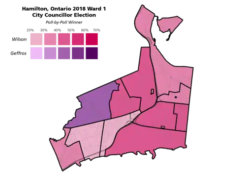The poll-by-poll results for the Hamilton, Ontario Ward 1 city councillor election in 2018