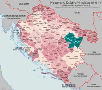 a map of the NDH highlighting an area in the eastern part of Bosnia where the division operated