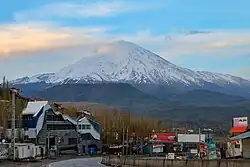 The village of Polur and the Haraz Road, with Mount Damavand in the background