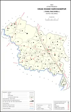 Map showing Padera (#249) in Harchandpur CD block