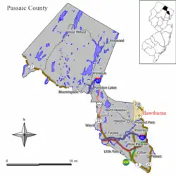 Map of Hawthorne in Passaic County. Inset: Location of Passaic County highlighted in the State of New Jersey.