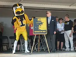 Hayden Fry during the official dedication of the "Hayden Fry Way" in Coralville, Iowa at the 2009 "Fry Fest."