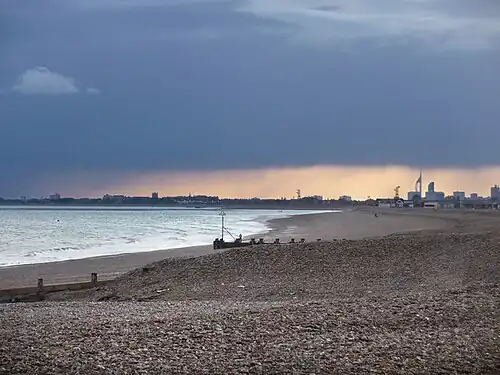 Image 10Hayling Island's mainly shingle beach with Portsmouth's Spinnaker Tower beyond (from Portal:Hampshire/Selected pictures)