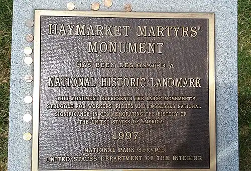 National Historic Landmark plaque, at site of the Haymarket Martyrs' Monument; added in 1997.