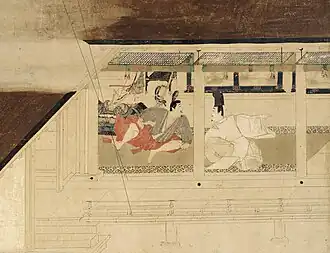 Two seated men face each other, seen through the wide openings of a veranda.