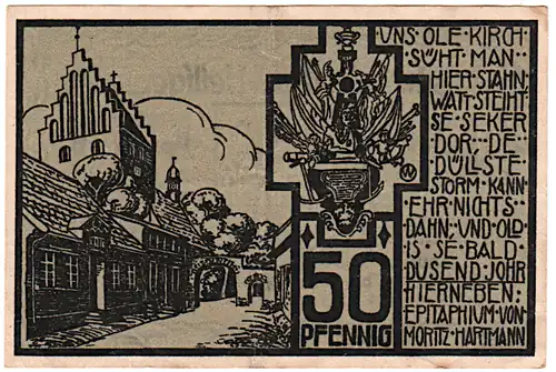 A notgeld showing Heiligenhafen Church and the epitaph and bust of Moritz Hartmann