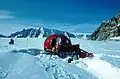 Sled-mounted bivouac box (so-called Apple Hut, made of fiberglass) in Heimefrontfjella (Antarctica) (Feb. 2001)