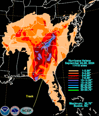 Rainfall map from Hurricane Helene