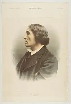 Portrait drawing of middle-aged, clean-shaven white man with longish hair and strong features, seen in left profile