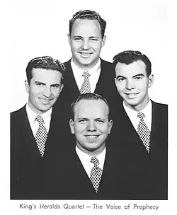 The 1949-1961 King's Heralds Quartet, famously known as the Hooper Quartet, featuring Wayne Hooper (Baritone; Left), Bob Seamount (2nd Tenor; Top), Bob Edwards (1st Tenor; Bottom), and Jerry Dill (Bass; Right).