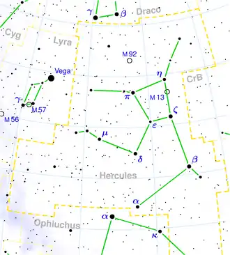 M13 is in the "armpit" of the constellation Hercules.