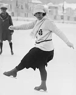 Szabo skates in a sweater and a knee-length skirt