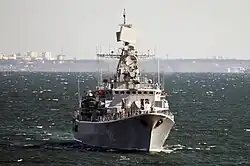 Krivak class frigate Hetman Sahaydachniy was the flagship of the Ukrainian navy until scuttled in Mykolaiv on 28 February during the 2022 Russian Invasion of Ukraine to prevent its capture by Russian forces.[79]