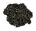 Three-color three-state turmite on a hexagonal grid, growing chaotically with a distinctive texture before getting stuck in a periodic loop after approximately 194150 steps