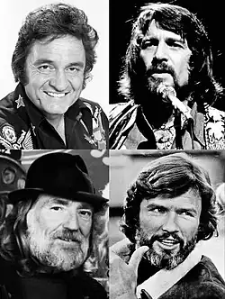 Clockwise from top left: Johnny Cash (1977), Waylon Jennings (1976), Kris Kristofferson (1978), and Willie Nelson (1978).