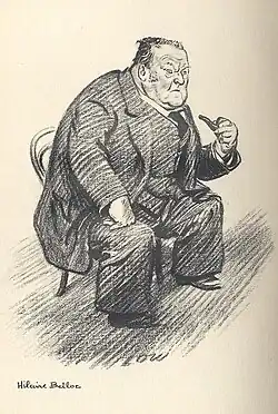 A cartoon drawing of an overweight, grumpy man in a full suit and vest holding a tobacco pipe