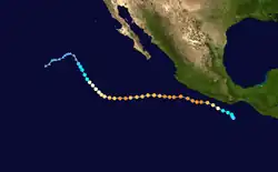 A map of the path of a hurricane over the Eastern Pacific Ocean. It begins by moving west-northwestward closely parallel the coast of Mexico; it then shifts westward out to sea, before turning to the northwest later in its life.