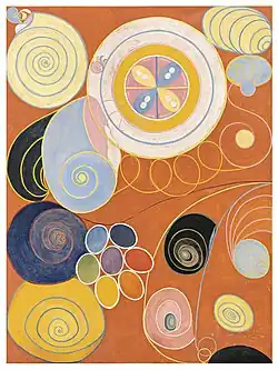 Vibrant abstract canvas with large colored circles, spirals, and floral glyphs on a purple ground