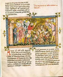 Page showing a contemporary drawing of Jews being burned to death during the Black Death persecutions