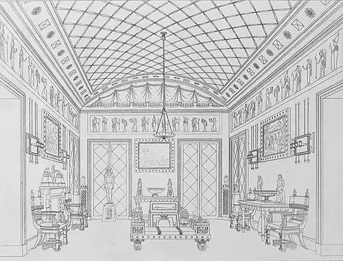 Line drawing of neoclassical interior with Egyptian-style wall reliefs, patterned ceiling, ornate furniture, and statues