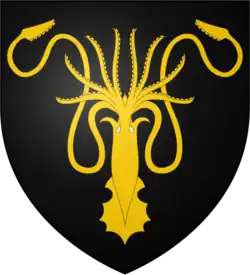 A coat of arms showing a golden kraken on a black field