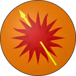 A coat of arms showing a yellow spear piercing a red sun on a field of orange
