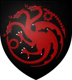 A coat of arms showing A red three-headed dragon, breathing red fire on black.
