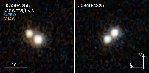 These two NASA/ESA Hubble Space Telescope images reveal two pairs of quasars that existed 10 billion years ago and reside at the hearts of merging galaxies.[85]