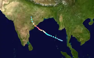 Map plotting the storm's track and intensity, according to the Saffir–Simpson scale