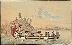 Hudson's Bay Company officials in an express canoe crossing a lake (1825)