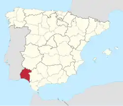 Map of Spain with the province of Huelva highlighted