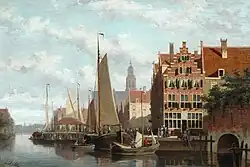 Moored barges unloading, oil on canvas, c. 1880