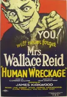 Movie poster of a grinning horned figure pointing outward above bold text promoting Mrs. Wallace Reid in Human Wreckage