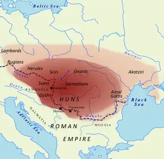 Estimated territory under Hunnic control under Attila, c. 450 AD