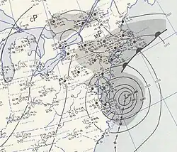 Weather map shows Hurricane Carol off the east coast of Virginia
