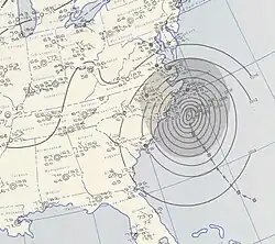 A weather map of the whole eastern section of the United States. Ione is in the extreme left half near North Carolina. Ione is represented by multiple Isobars.
