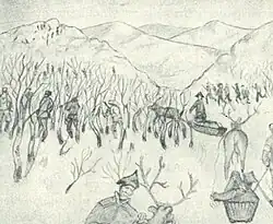The expedition recce platoon clashes with a patrol of Royal Marines and sailors from HMS Cochrane at Vuoremi in early May 1918. Drawing by Thorsten Renvall