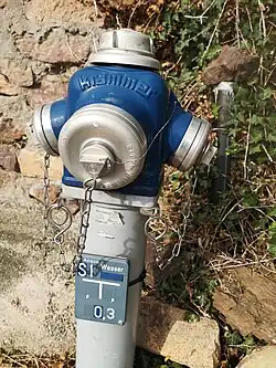Fire hydrant in South Tyrol, with a blue marker plate