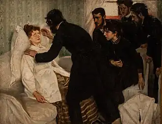 Painting of a late-19th-century hypnosis demonstration.