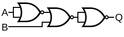 Circuit diagram: NOR(NOR(NOR(A, A), B), NOR(NOR(A, A), B))