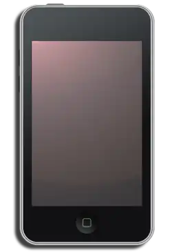 Front view of a rectangular mobile device with rounded corners. The front is black with a blank screen and is surrounded by a metallic silver edge a button protruding slightly from the top. A round concave button with a grey square is below it.