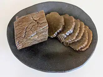 Slices of iburigakko, a smoked variety of takuan from Akita prefecture
